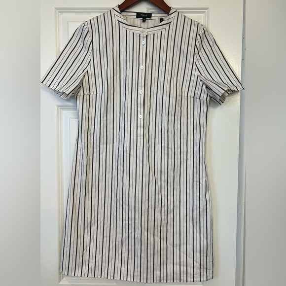THEORY Women’s Trapeze Dress Linen Cotton Blend Striped Size Medium - Picture 8 of 11